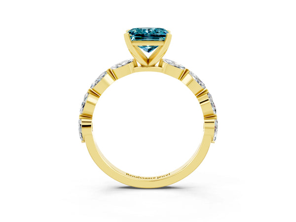 Yellow gold Princess Cut Blue Topaz Ring with Marquise Side Stones and Prong Setting