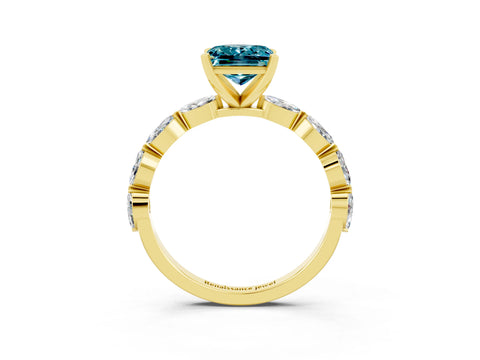 Yellow gold Princess Cut Blue Topaz Ring with Marquise Side Stones and Prong Setting_3