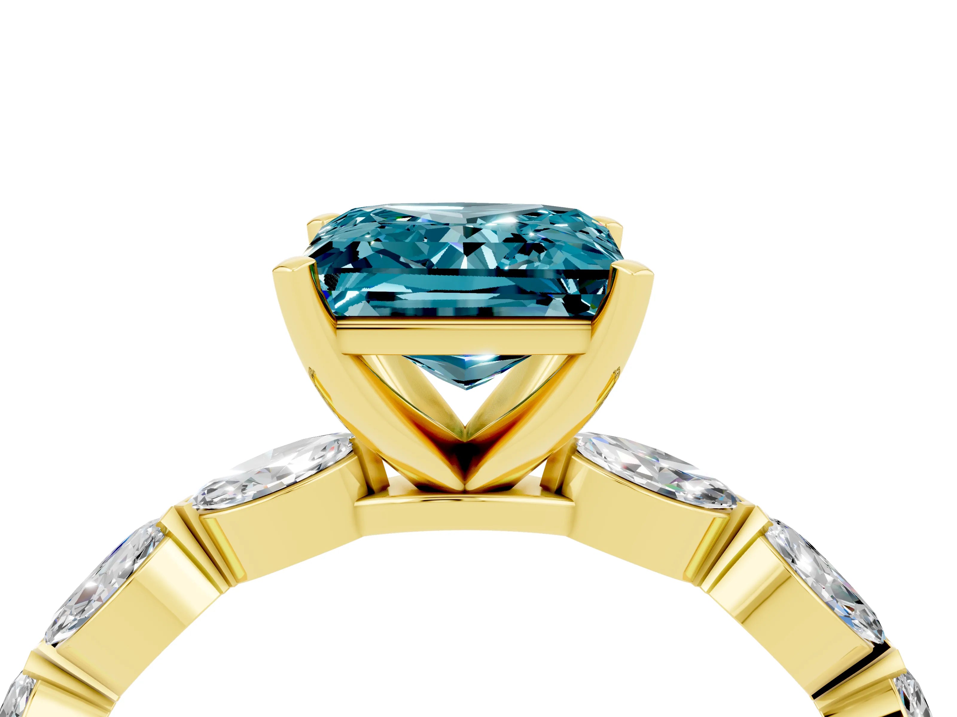 Yellow gold Princess Cut Blue Topaz Ring with Marquise Side Stones and Prong Setting_4