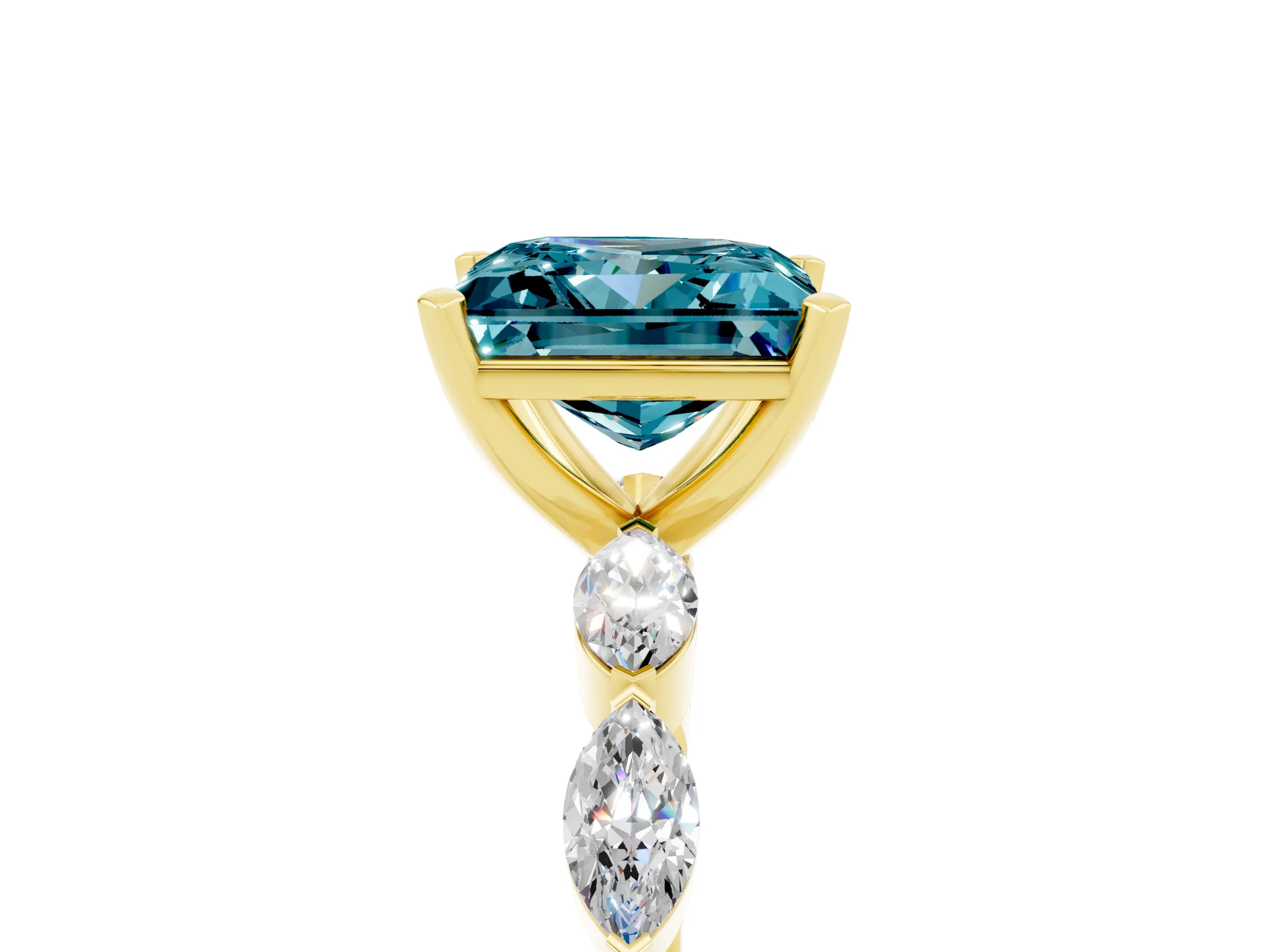 Yellow gold Princess Cut Blue Topaz Ring with Marquise Side Stones and Prong Setting_5