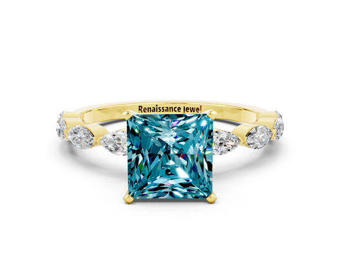 Yellow gold Princess Cut Blue Topaz Ring with Marquise Side Stones and Prong Setting