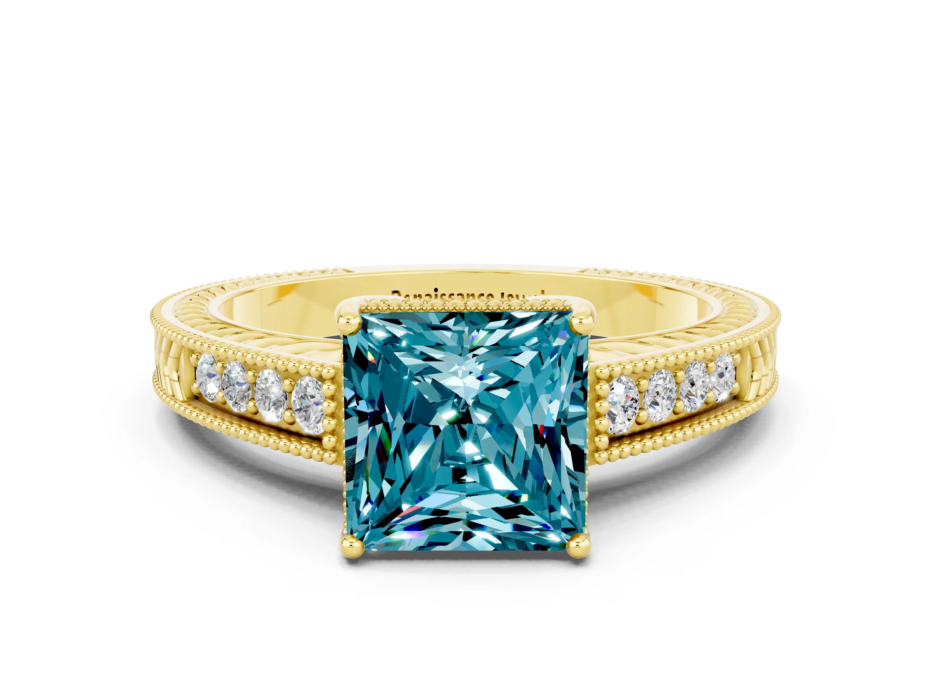 Yellow gold Princess Cut Blue Topaz Ring with Milgrain Pavé Band and Four-Prong Setting_12