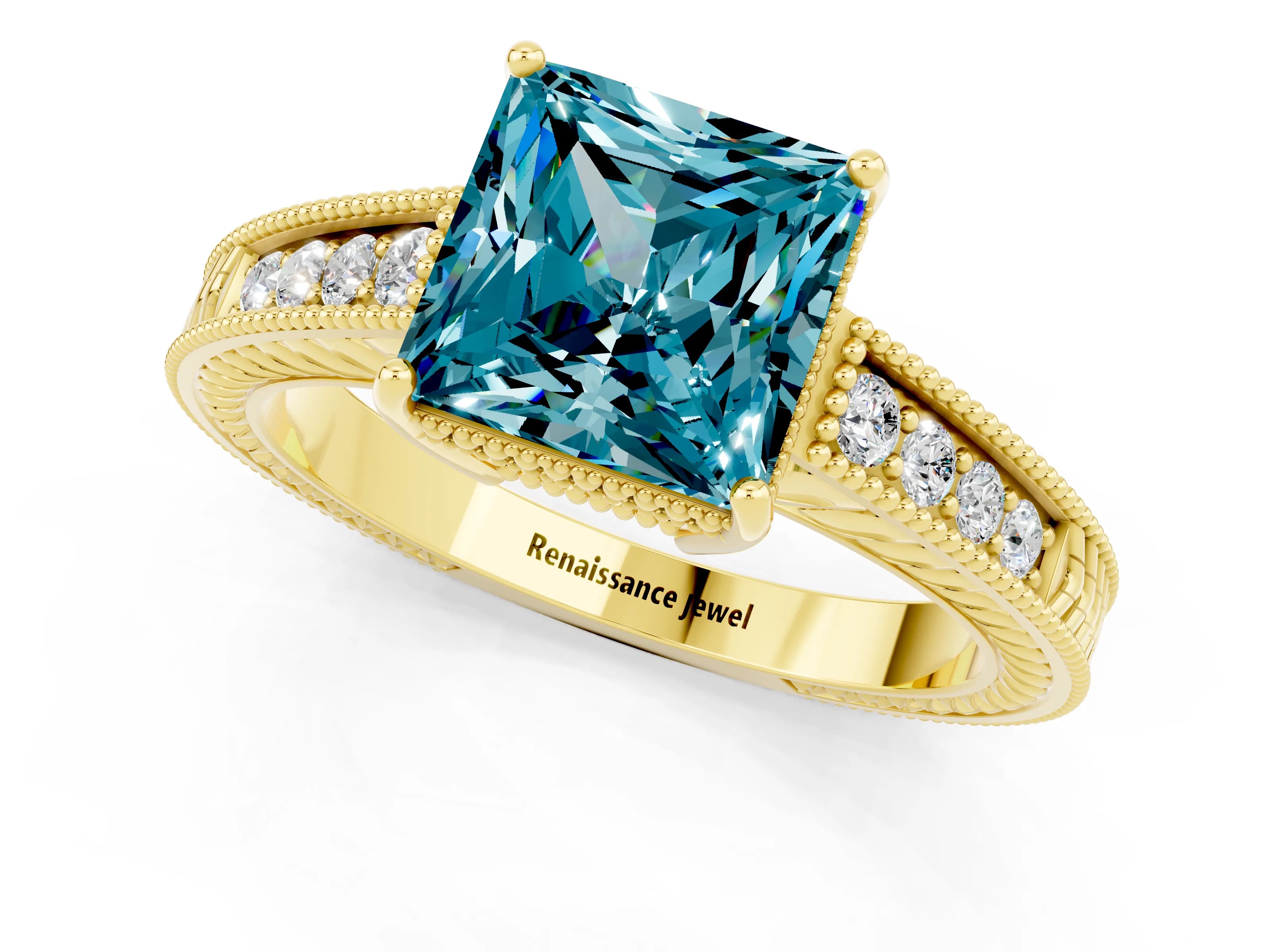 Yellow gold Princess Cut Blue Topaz Ring with Milgrain Pavé Band and Four-Prong Setting_13