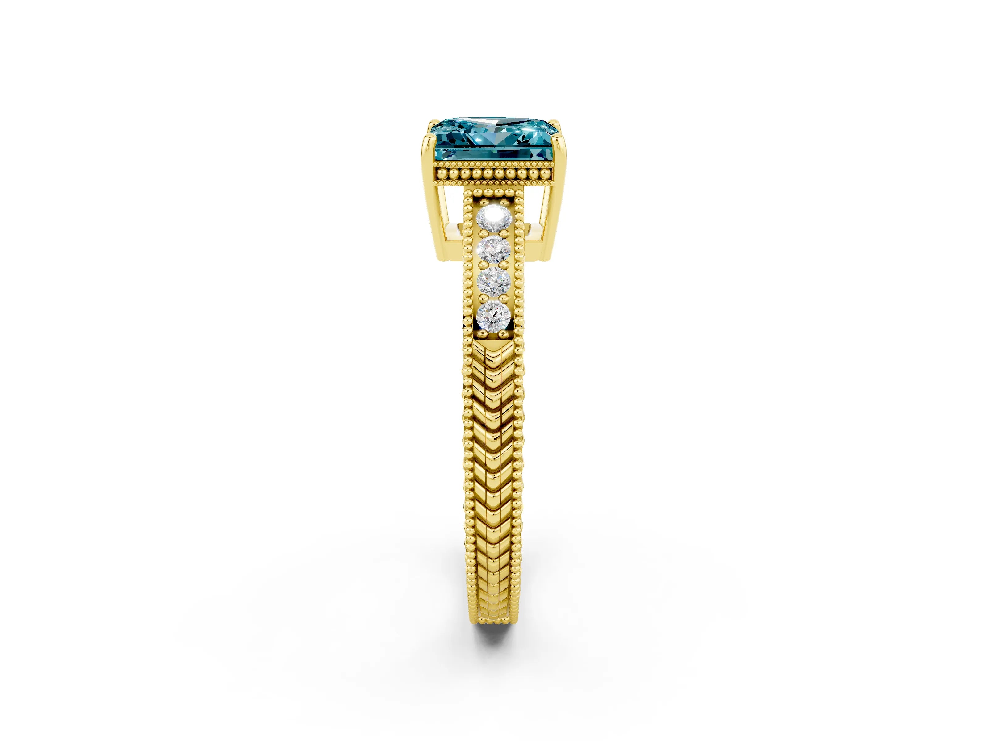 Yellow gold Princess Cut Blue Topaz Ring with Milgrain Pavé Band and Four-Prong Setting_14