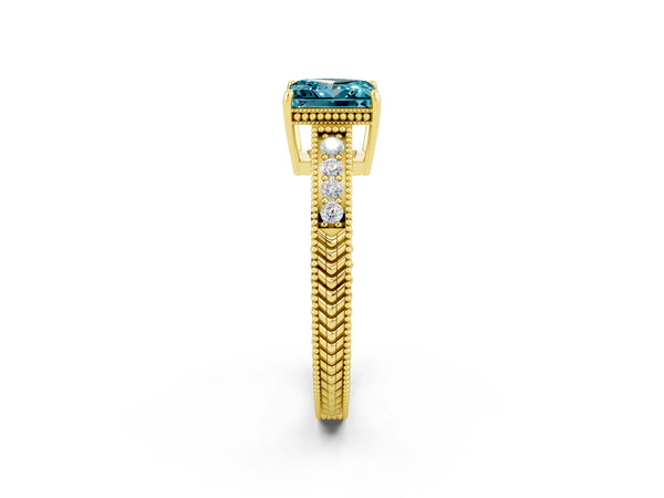 Yellow gold Princess Cut Blue Topaz Ring with Milgrain Pavé Band and Four-Prong Setting