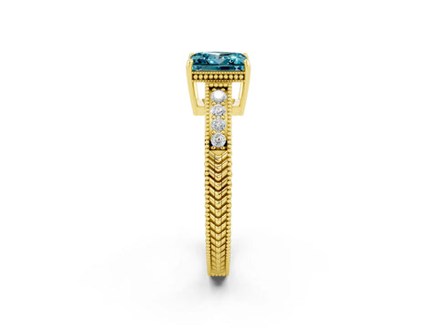 Yellow gold Princess Cut Blue Topaz Ring with Milgrain Pavé Band and Four-Prong Setting_14