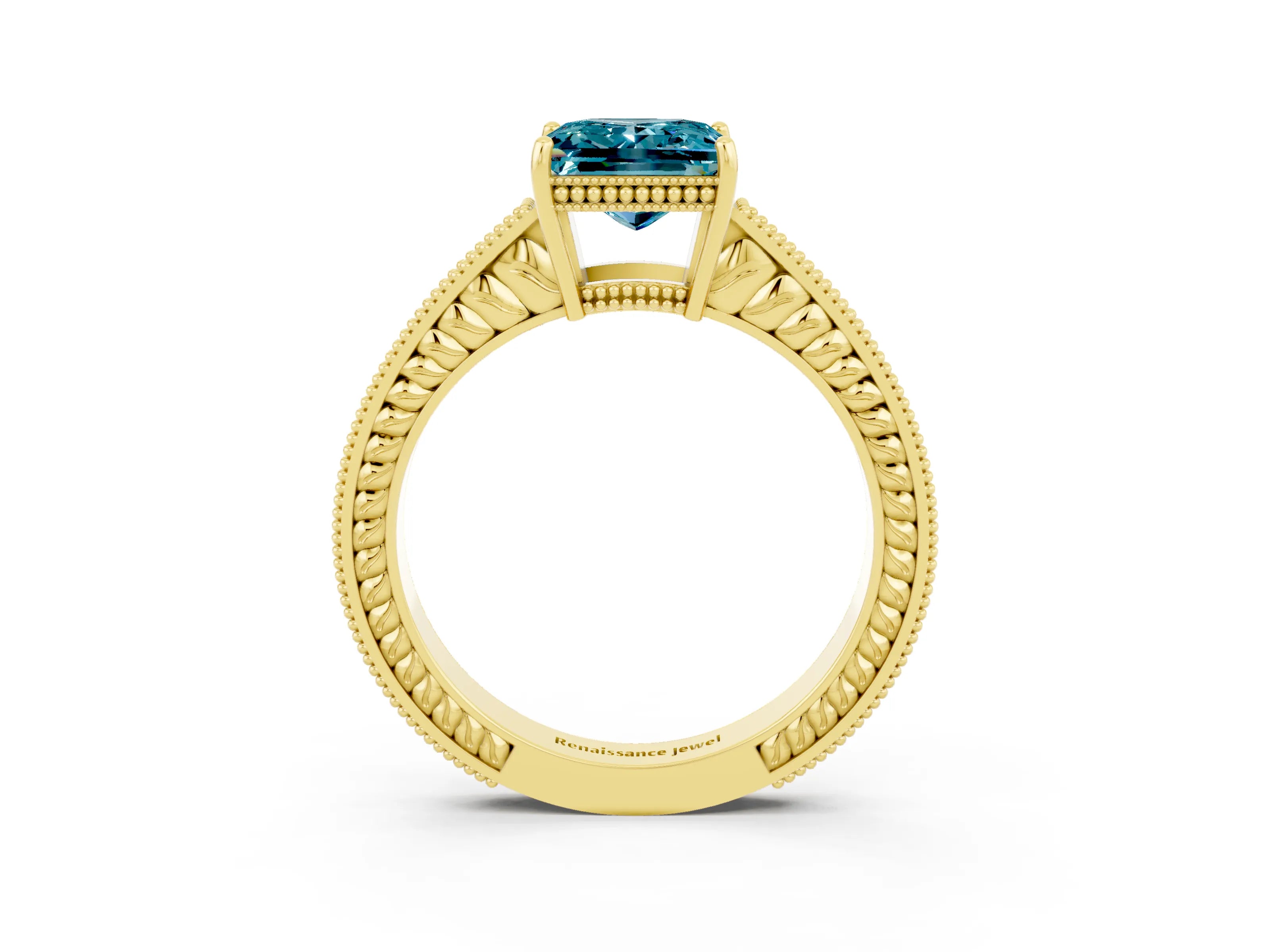 Yellow gold Princess Cut Blue Topaz Ring with Milgrain Pavé Band and Four-Prong Setting_15