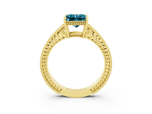 Yellow gold Princess Cut Blue Topaz Ring with Milgrain Pavé Band and Four-Prong Setting