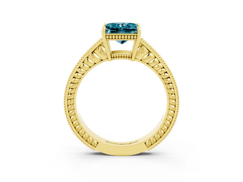Yellow gold Princess Cut Blue Topaz Ring with Milgrain Pavé Band and Four-Prong Setting_15
