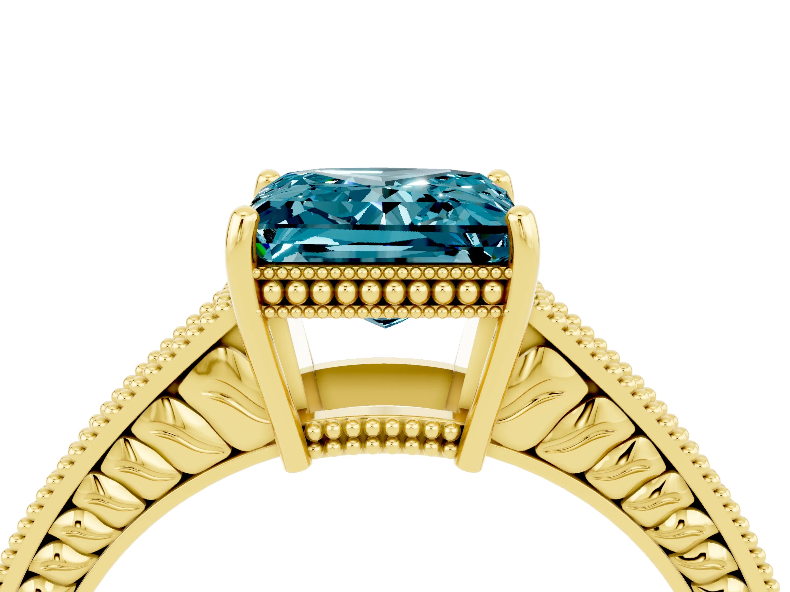 Yellow gold Princess Cut Blue Topaz Ring with Milgrain Pavé Band and Four-Prong Setting_16