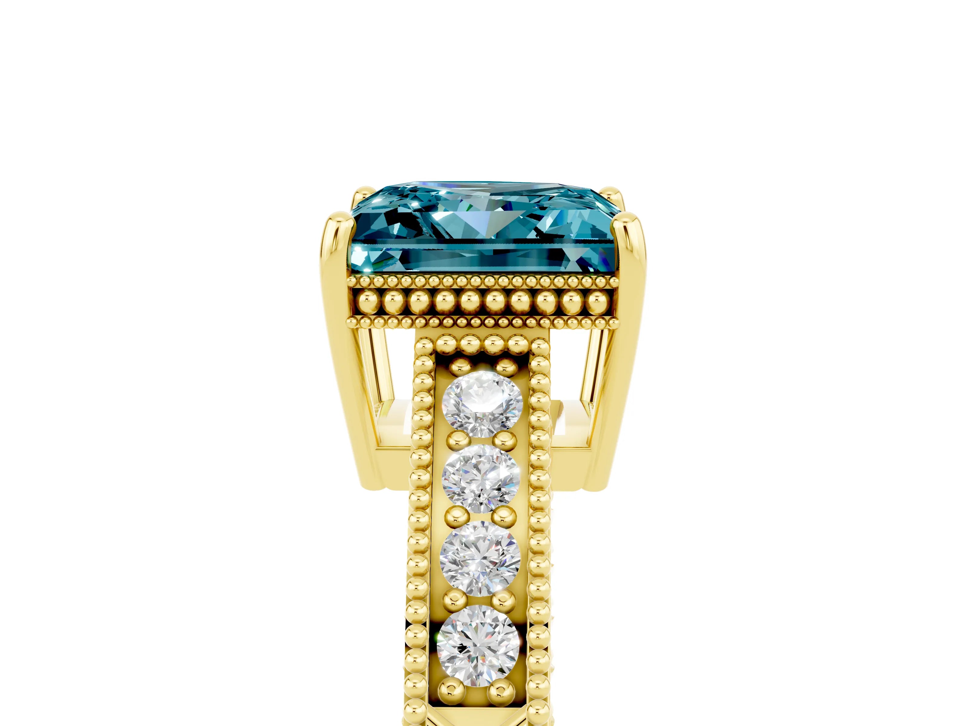 Yellow gold Princess Cut Blue Topaz Ring with Milgrain Pavé Band and Four-Prong Setting_17