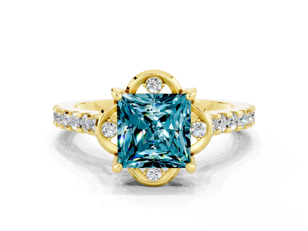 Yellow gold Princess Cut Blue Topaz Ring with Pavé Band and Floral Prong Setting
