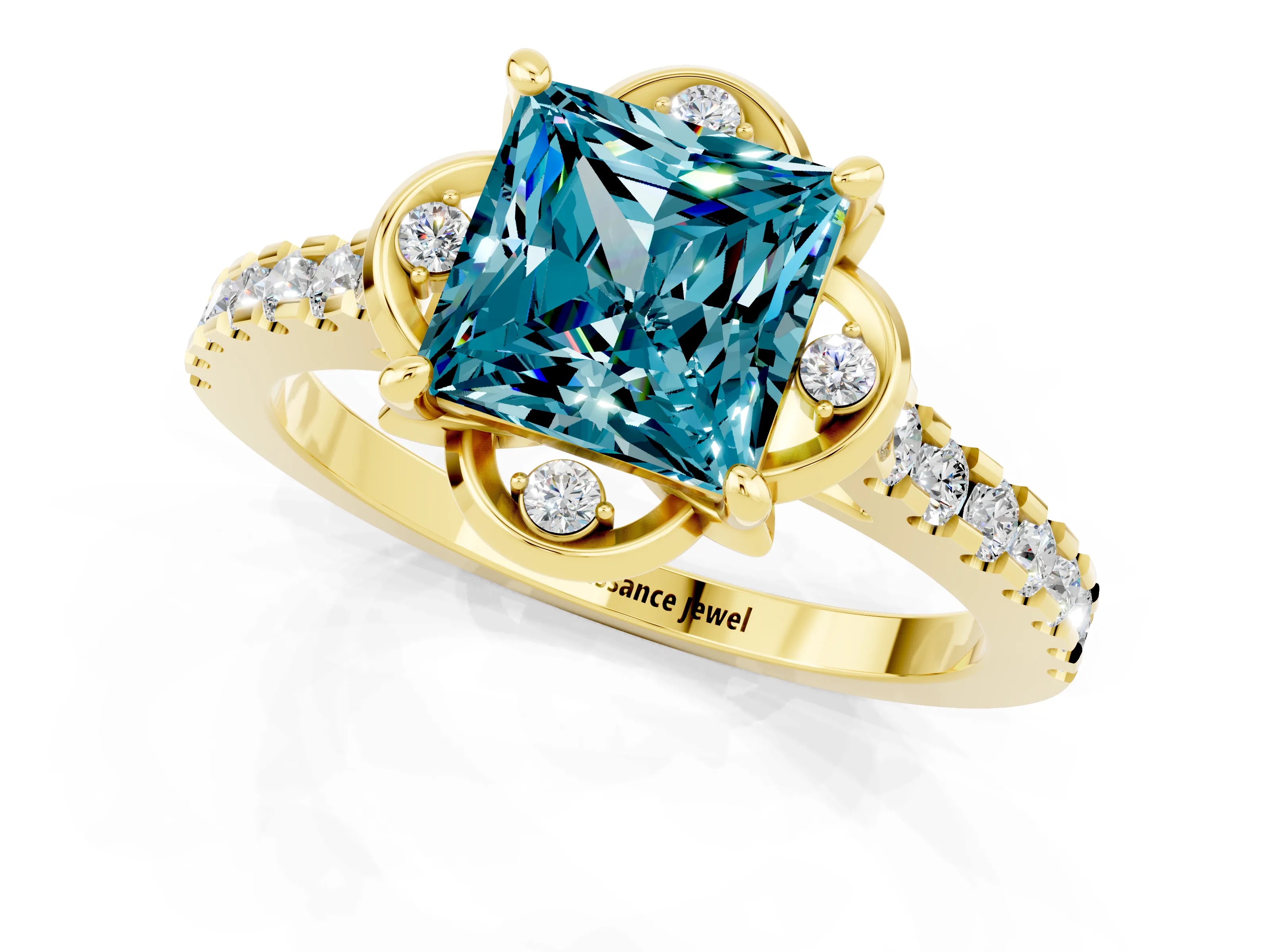 Yellow gold Princess Cut Blue Topaz Ring with Pavé Band and Floral Prong Setting_1