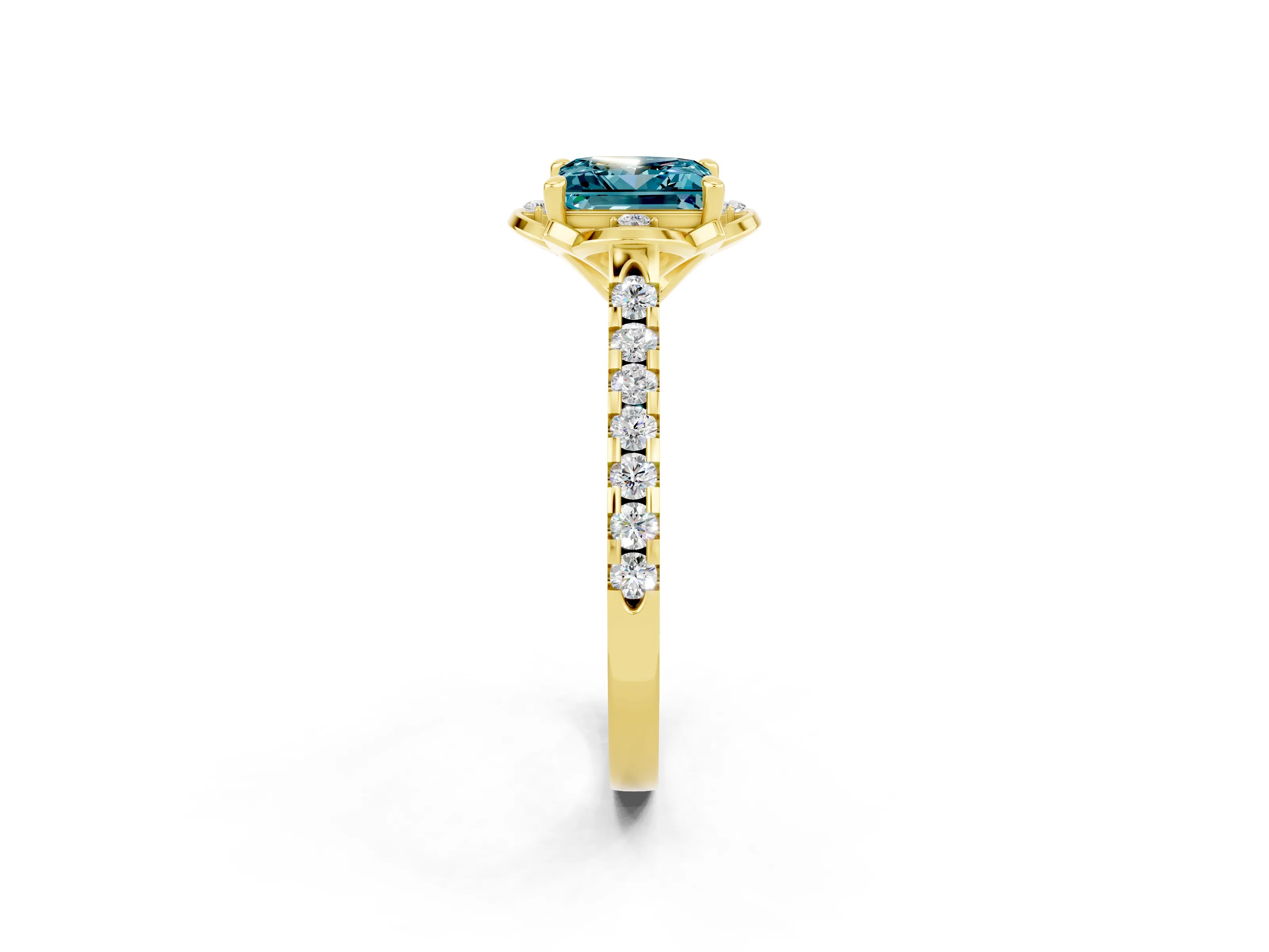 Yellow gold Princess Cut Blue Topaz Ring with Pavé Band and Floral Prong Setting_2