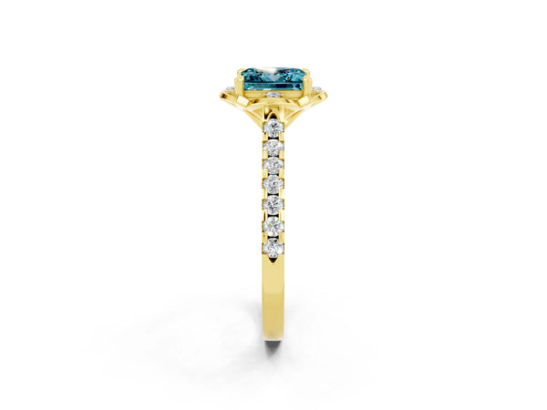 Yellow gold Princess Cut Blue Topaz Ring with Pavé Band and Floral Prong Setting