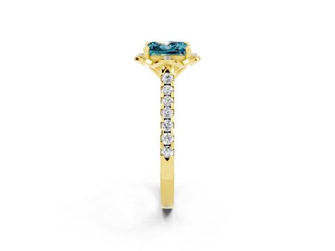 Yellow gold Princess Cut Blue Topaz Ring with Pavé Band and Floral Prong Setting_2