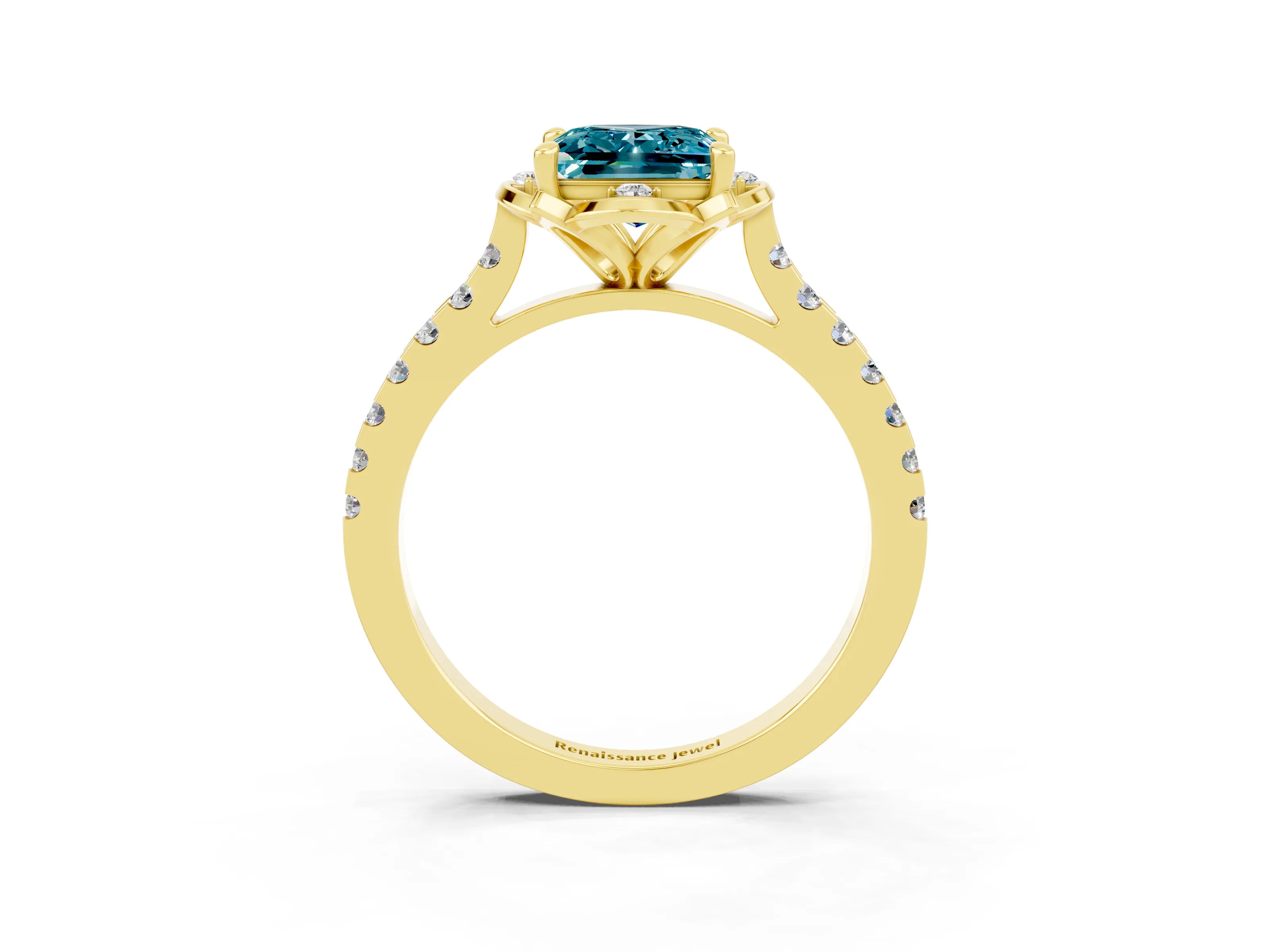 Yellow gold Princess Cut Blue Topaz Ring with Pavé Band and Floral Prong Setting_3