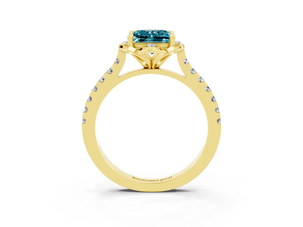 Yellow gold Princess Cut Blue Topaz Ring with Pavé Band and Floral Prong Setting