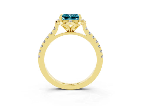 Yellow gold Princess Cut Blue Topaz Ring with Pavé Band and Floral Prong Setting_3
