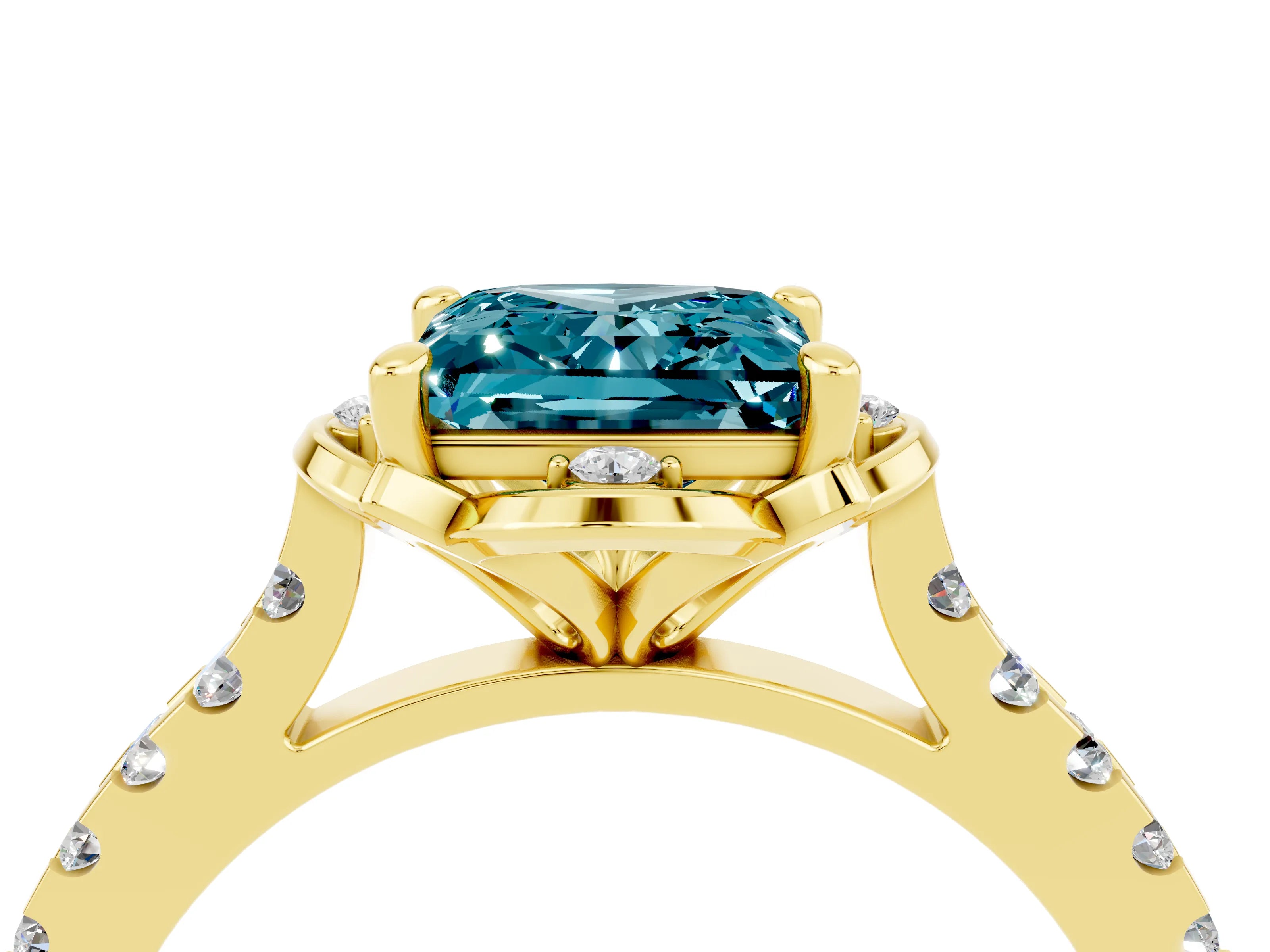 Yellow gold Princess Cut Blue Topaz Ring with Pavé Band and Floral Prong Setting_4