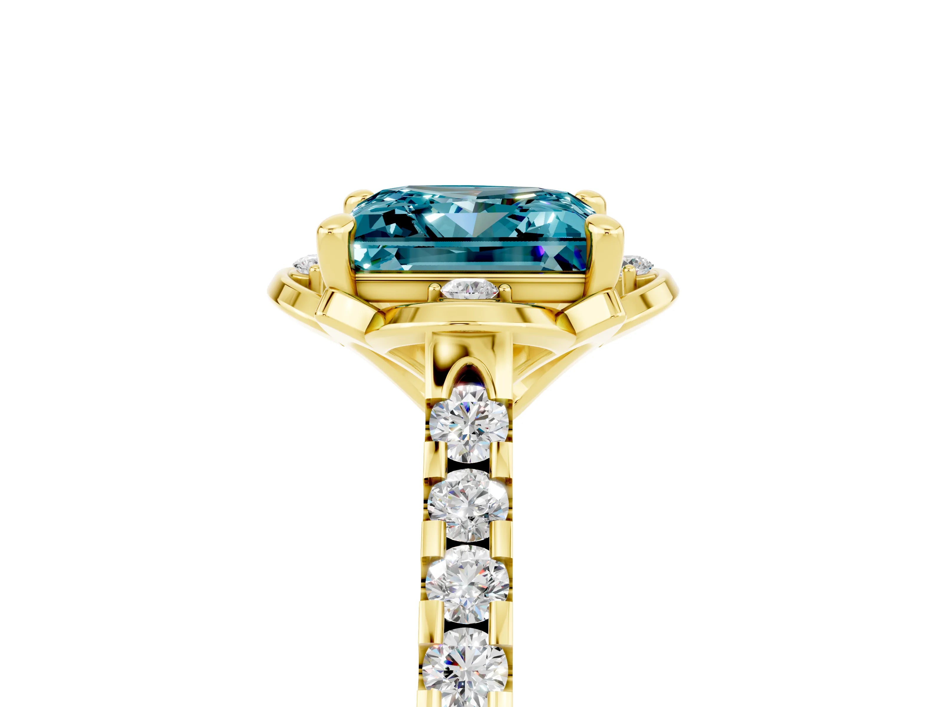 Yellow gold Princess Cut Blue Topaz Ring with Pavé Band and Floral Prong Setting_5