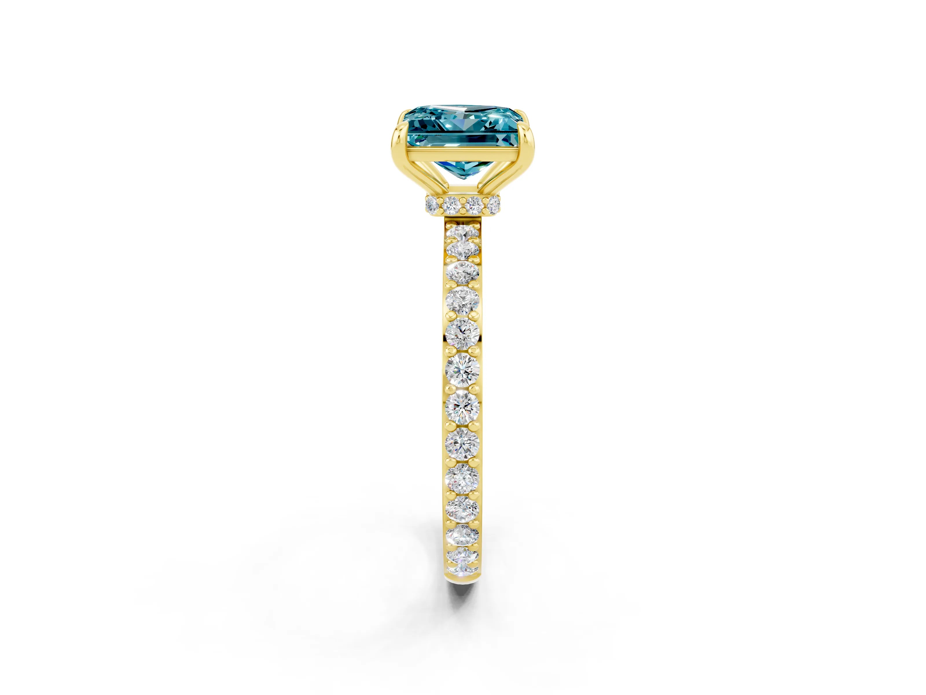 Yellow gold Princess Cut Blue Topaz Ring with Pavé Band and Four-Prong Setting_2