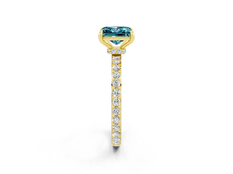 Yellow gold Princess Cut Blue Topaz Ring with Pavé Band and Four-Prong Setting_2