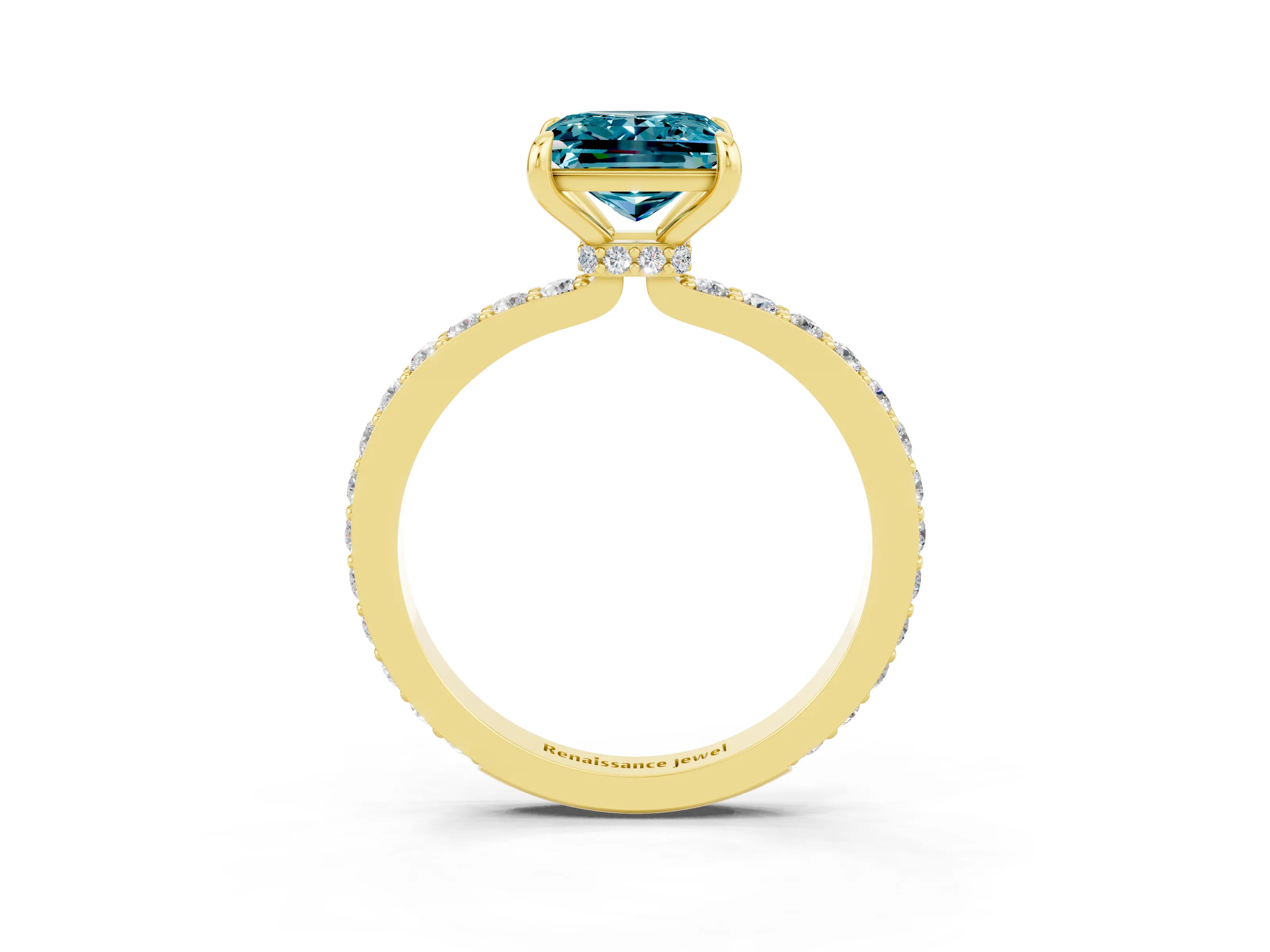 Yellow gold Princess Cut Blue Topaz Ring with Pavé Band and Four-Prong Setting_3