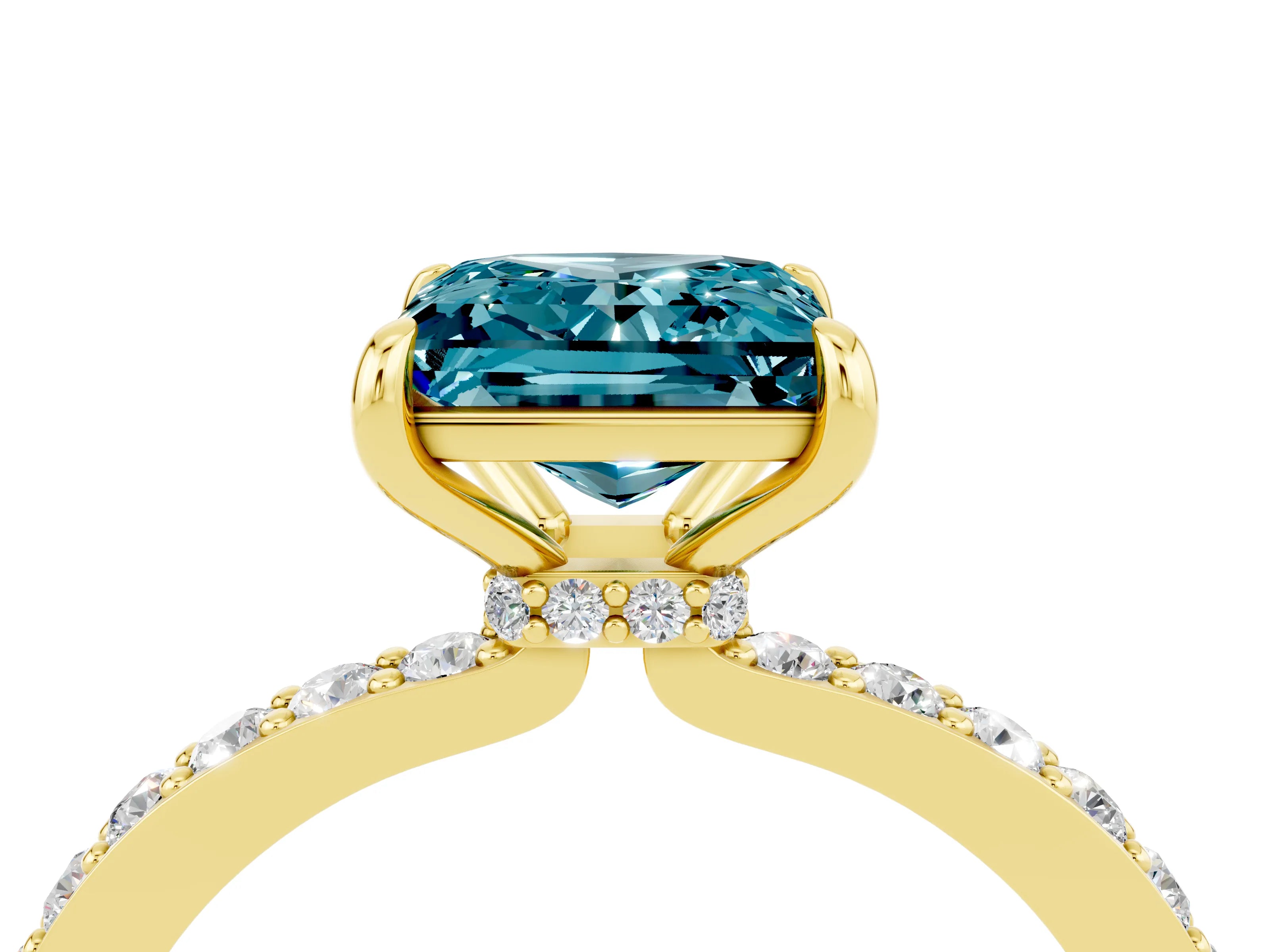 Yellow gold Princess Cut Blue Topaz Ring with Pavé Band and Four-Prong Setting_4