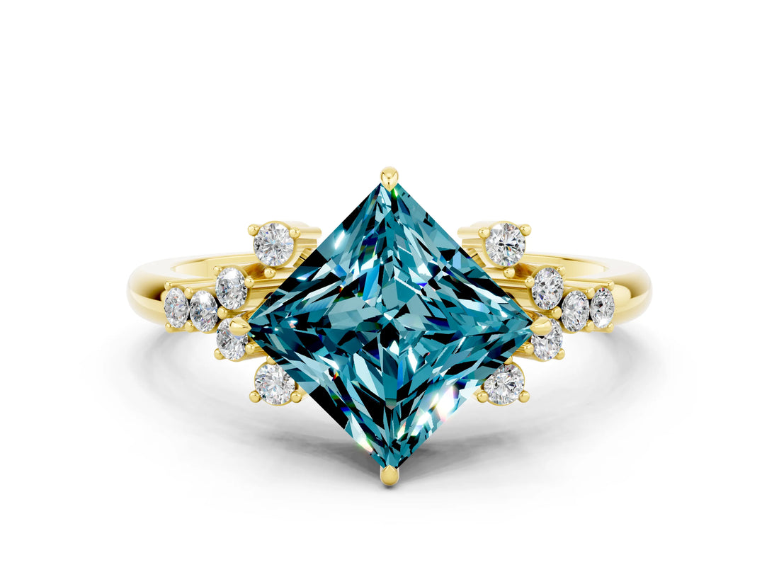 Yellow gold Princess Cut Blue Topaz Ring with Side Stones and Four-Prong Setting_36