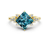 Yellow gold Princess Cut Blue Topaz Ring with Side Stones and Four-Prong Setting_36