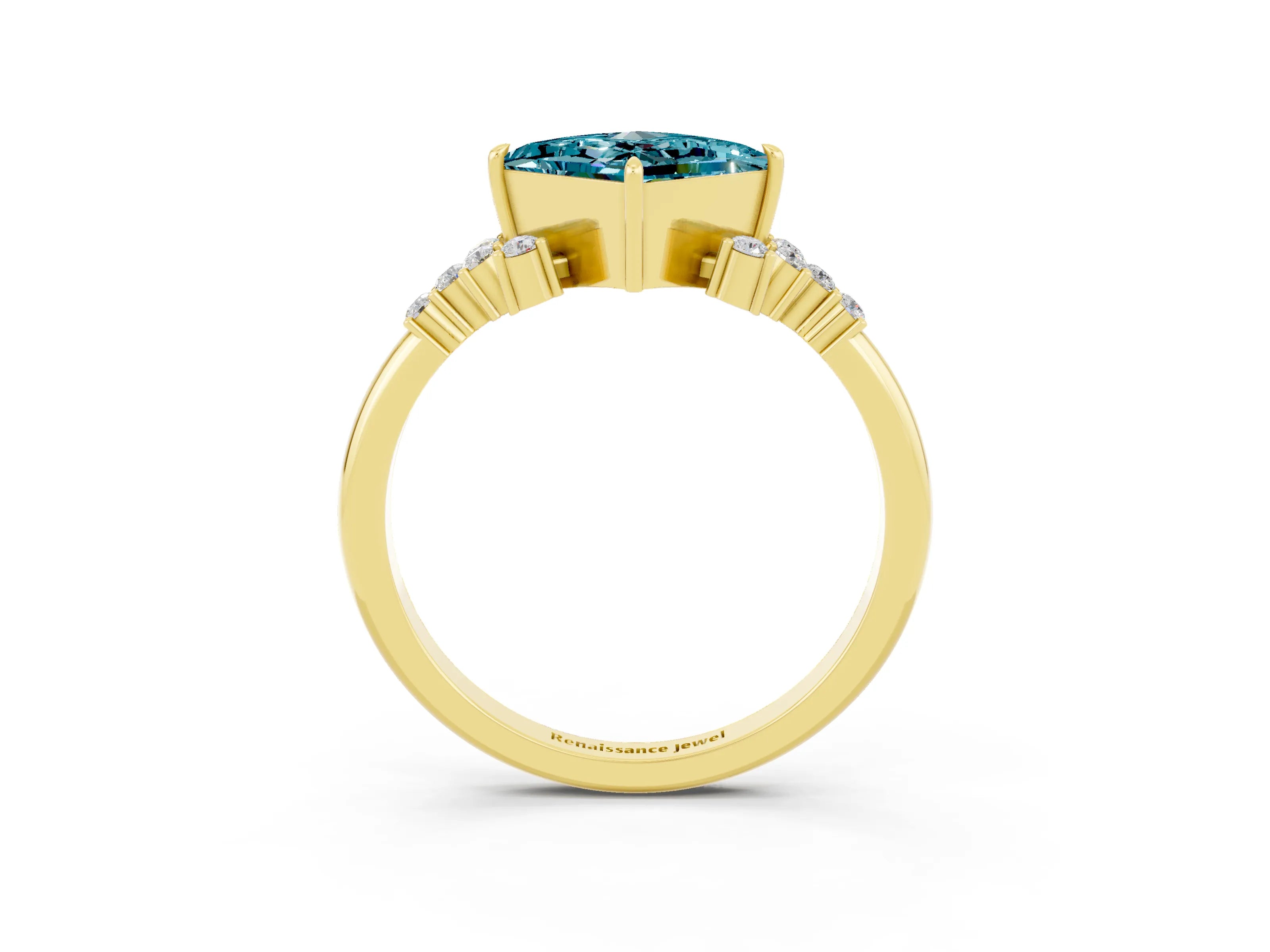 Yellow gold Princess Cut Blue Topaz Ring with Side Stones and Four-Prong Setting_39