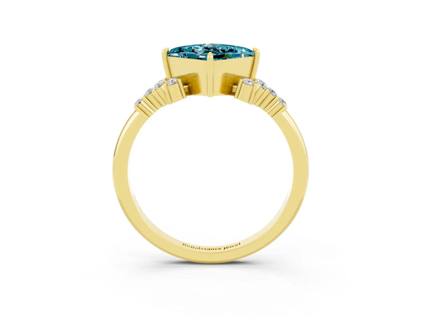 Yellow gold Princess Cut Blue Topaz Ring with Side Stones and Four-Prong Setting
