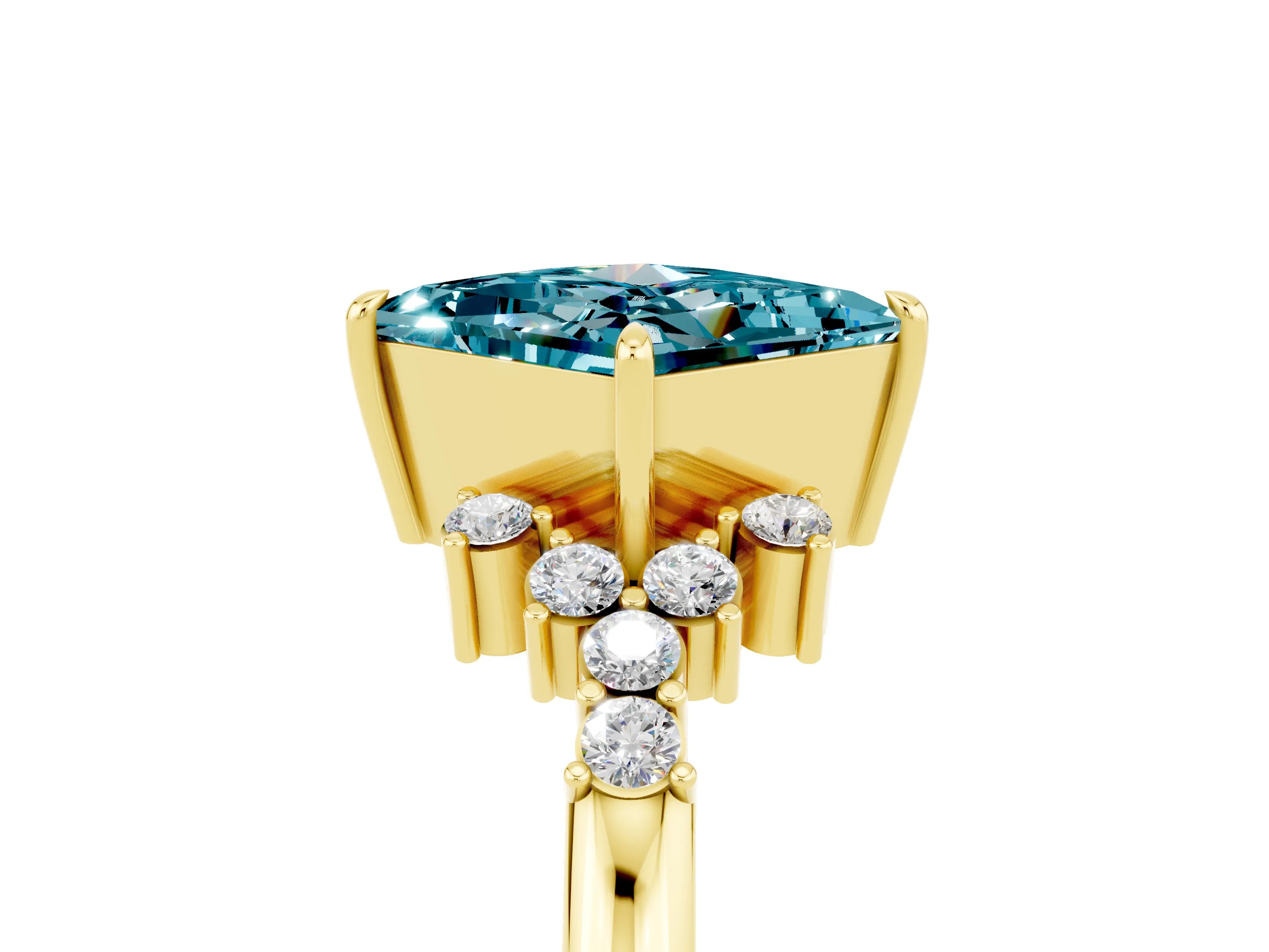 Yellow gold Princess Cut Blue Topaz Ring with Side Stones and Four-Prong Setting_41