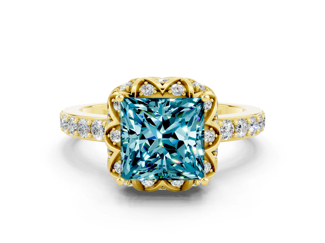 Yellow gold Princess Cut Blue Topaz Scalloped Halo Engagement Ring with Round Shared Prong Band_12
