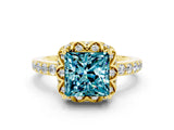 Yellow gold Princess Cut Blue Topaz Scalloped Halo Engagement Ring with Round Shared Prong Band_12