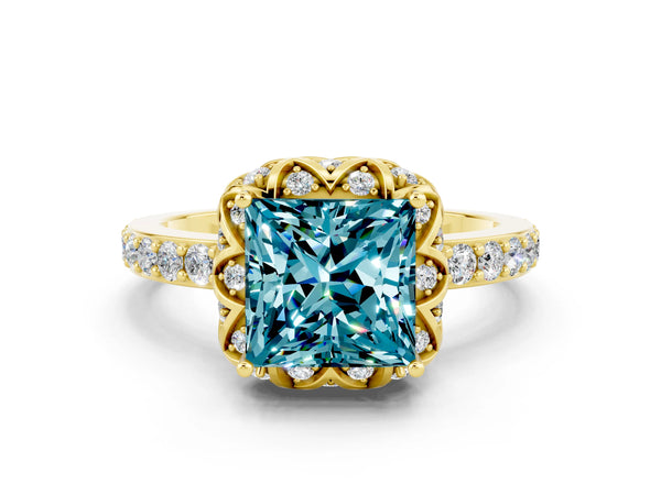 Yellow gold Princess Cut Blue Topaz Scalloped Halo Engagement Ring with Round Shared Prong Band