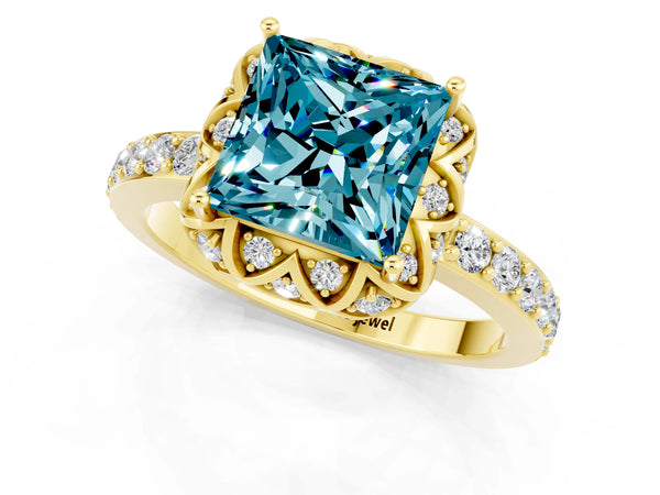 Yellow gold Princess Cut Blue Topaz Scalloped Halo Engagement Ring with Round Shared Prong Band