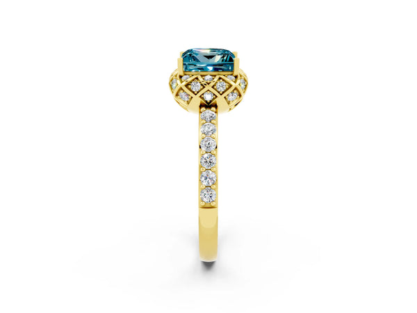 Yellow gold Princess Cut Blue Topaz Scalloped Halo Engagement Ring with Round Shared Prong Band