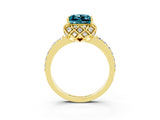 Yellow gold Princess Cut Blue Topaz Scalloped Halo Engagement Ring with Round Shared Prong Band_15