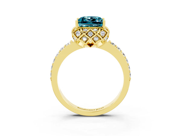 Yellow gold Princess Cut Blue Topaz Scalloped Halo Engagement Ring with Round Shared Prong Band