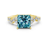 Yellow gold Princess Cut Blue Topaz Scattered Round Accent Ring with Prong Setting_28