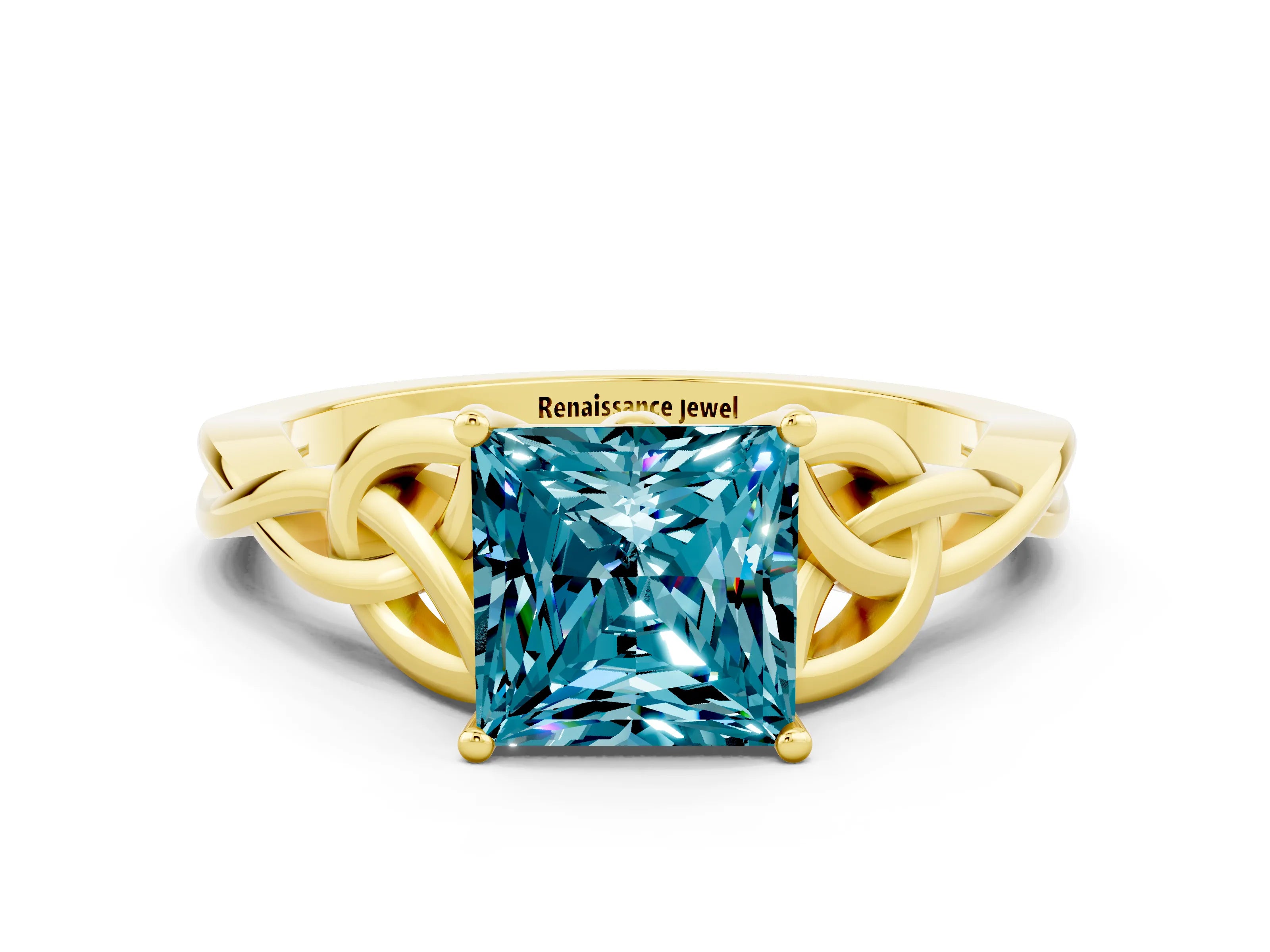 Yellow gold Princess Cut Blue Topaz Solitaire Celtic Knot Ring with Four-Prong Setting_12