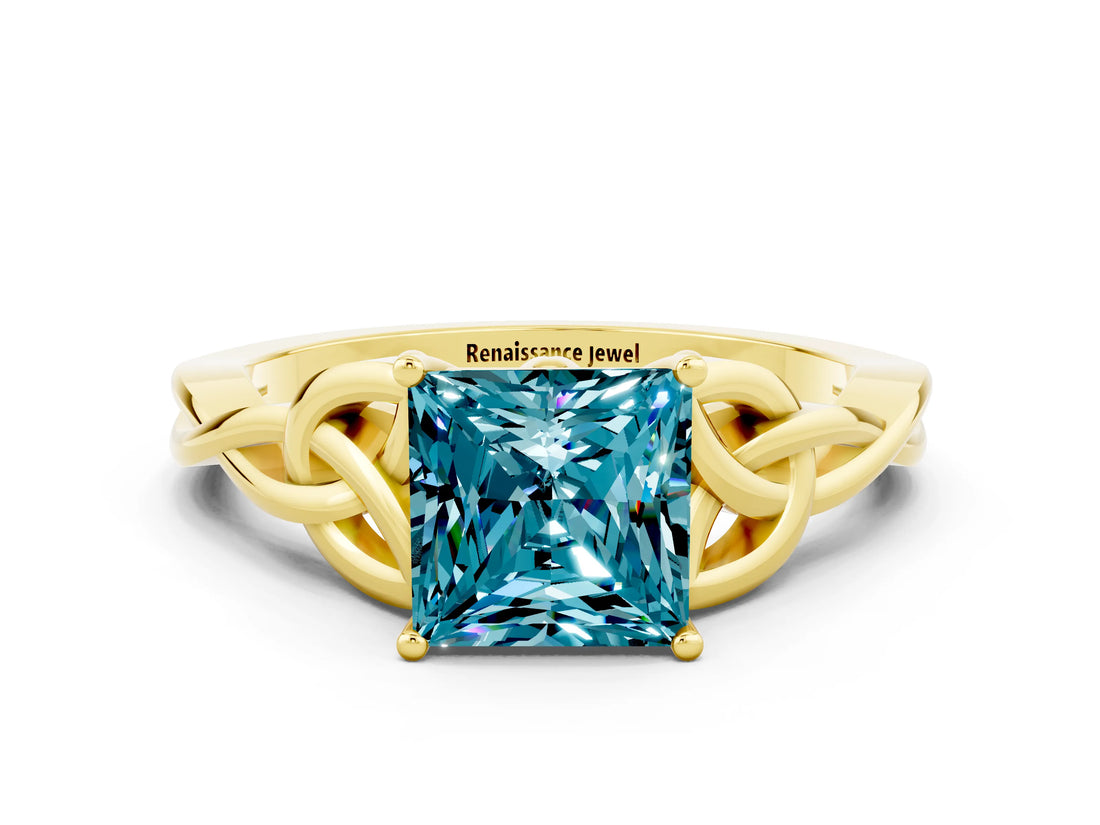 Yellow gold Princess Cut Blue Topaz Solitaire Celtic Knot Ring with Four-Prong Setting_12