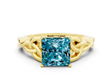 Yellow gold Princess Cut Blue Topaz Solitaire Celtic Knot Ring with Four-Prong Setting_12