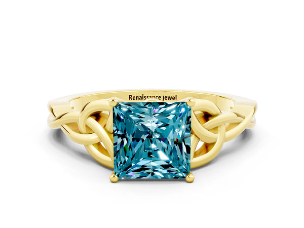 Yellow gold Princess Cut Blue Topaz Solitaire Celtic Knot Ring with Four-Prong Setting