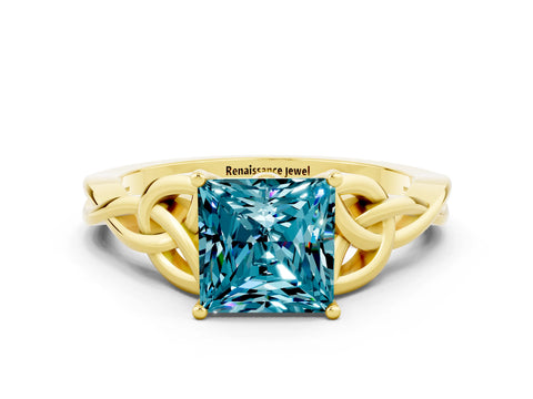 Yellow gold Princess Cut Blue Topaz Solitaire Celtic Knot Ring with Four-Prong Setting_12