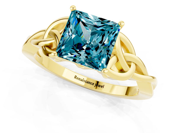 Yellow gold Princess Cut Blue Topaz Solitaire Celtic Knot Ring with Four-Prong Setting