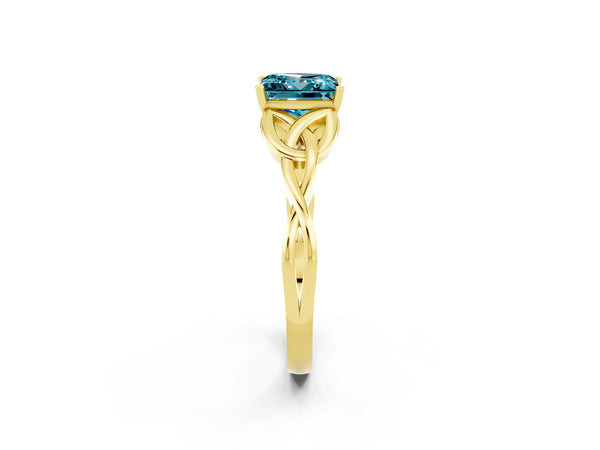 Yellow gold Princess Cut Blue Topaz Solitaire Celtic Knot Ring with Four-Prong Setting
