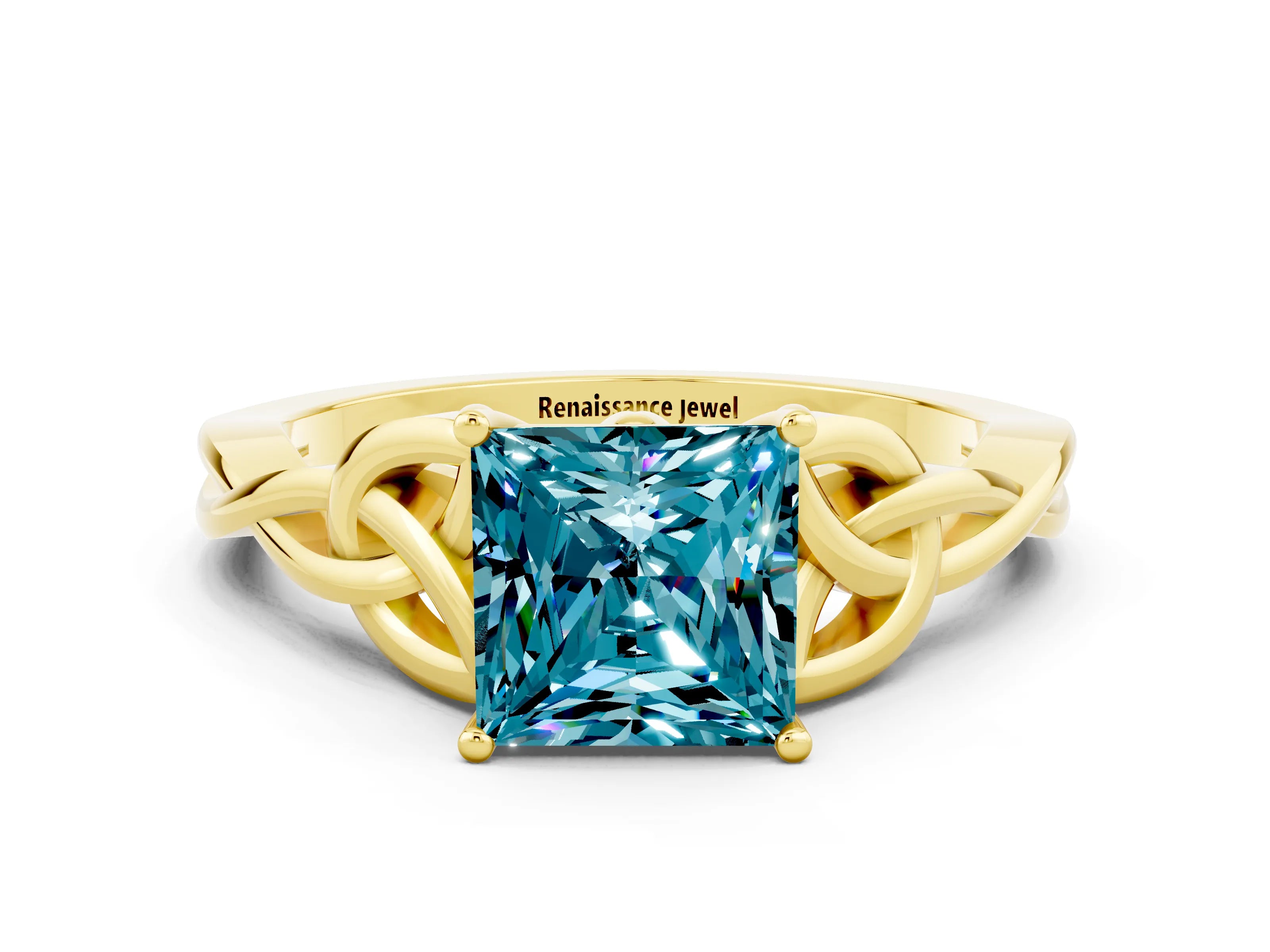 Yellow gold Princess Cut Blue Topaz Solitaire Engagement Ring with Celtic Knot Band and Four-Prong Setting